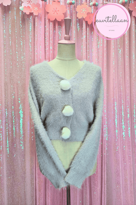 Evelyn pehme&auml; harmaa-violetti neuletakki pompomeilla (k&auml;ytetty)